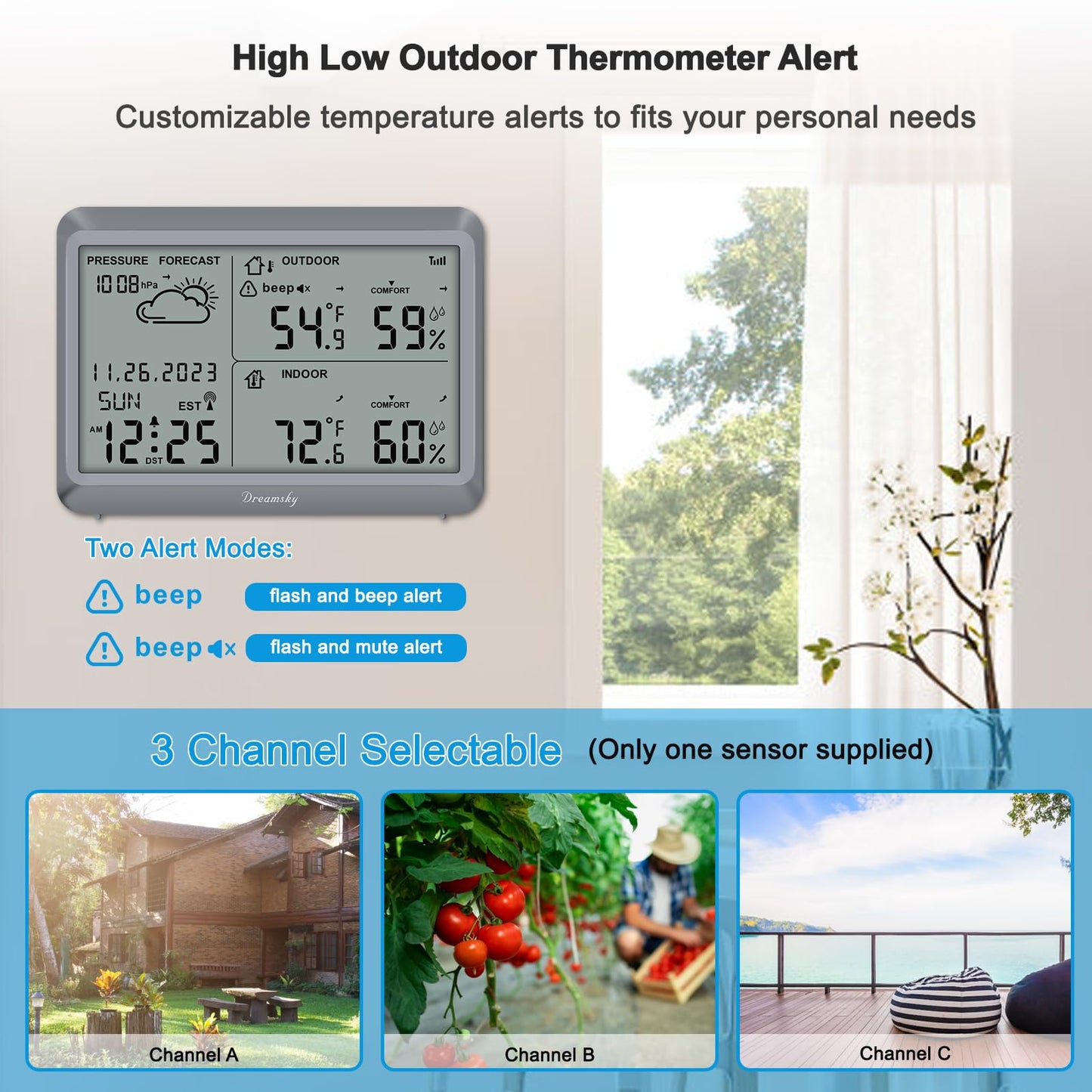 DreamSky Weather Station Indoor Outdoor Thermometer Wireless - Atomic Clock with Indoor/Outdoor Temp, Date & Day, Battery Powered, Home Weather Forecast Clock with Inside Outside Temperature Humidity