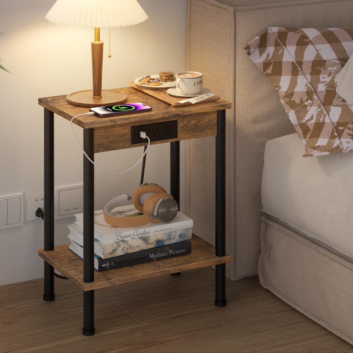 YUFAM End Table with Charging Station,Small Side Table,2-Tier Nightstand with Storage Shelf,Sofa Bedside Table for Small Spaces in Living Room,Bedroom,Office,Easy Assembly,Rustic Brown