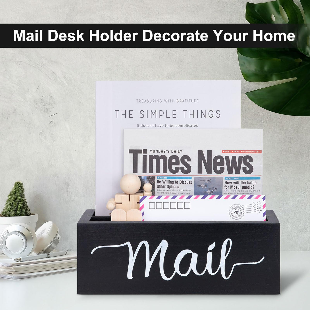 Lucundm Desk Mail Organizer, Mail Organizer Countertop, Wood Desk Mail Storage Box, Envelop Holder for Home Office (Black-2 slot)