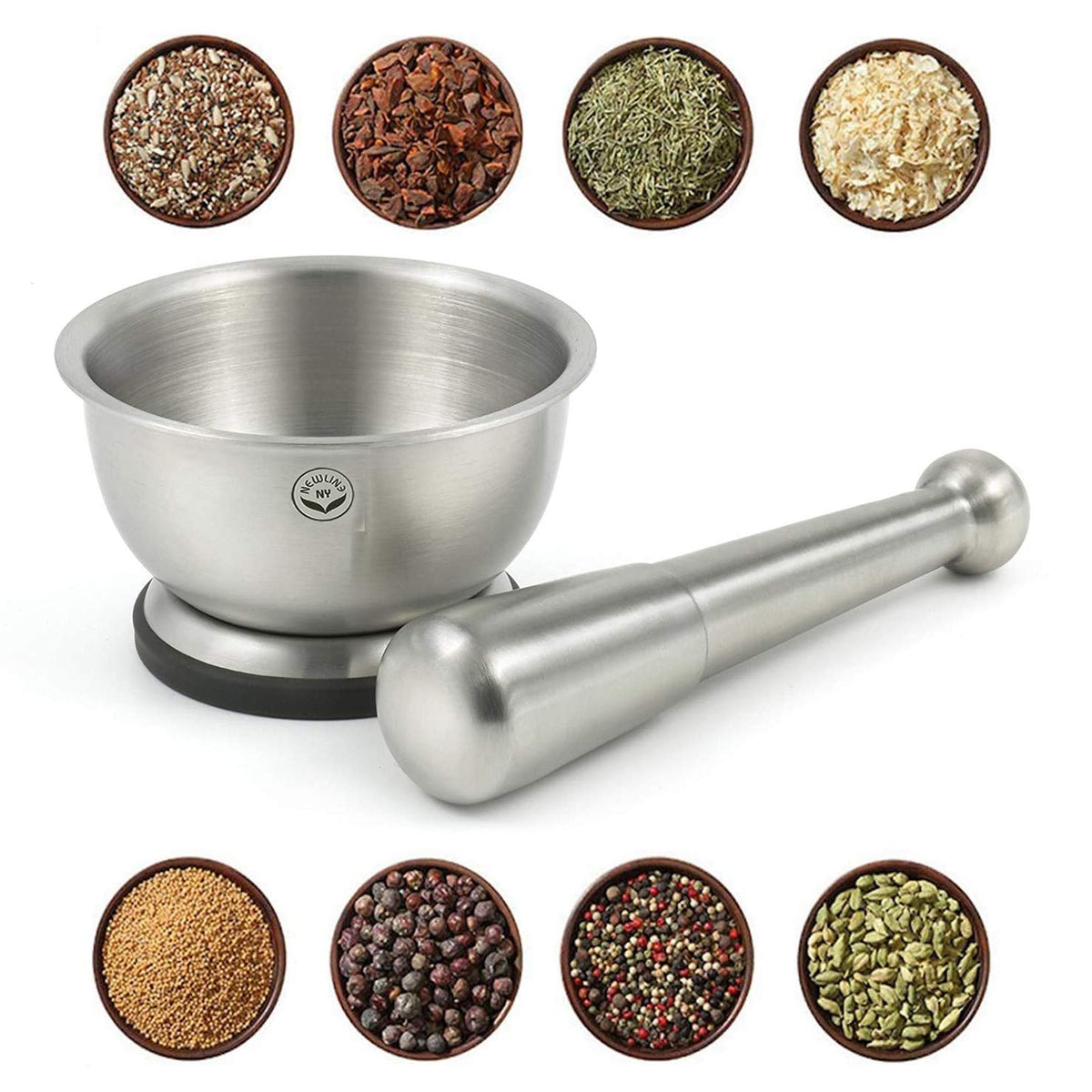 NewlineNY Stainless Steel Hand Masher & Bowl, Mortar and Pestle Set