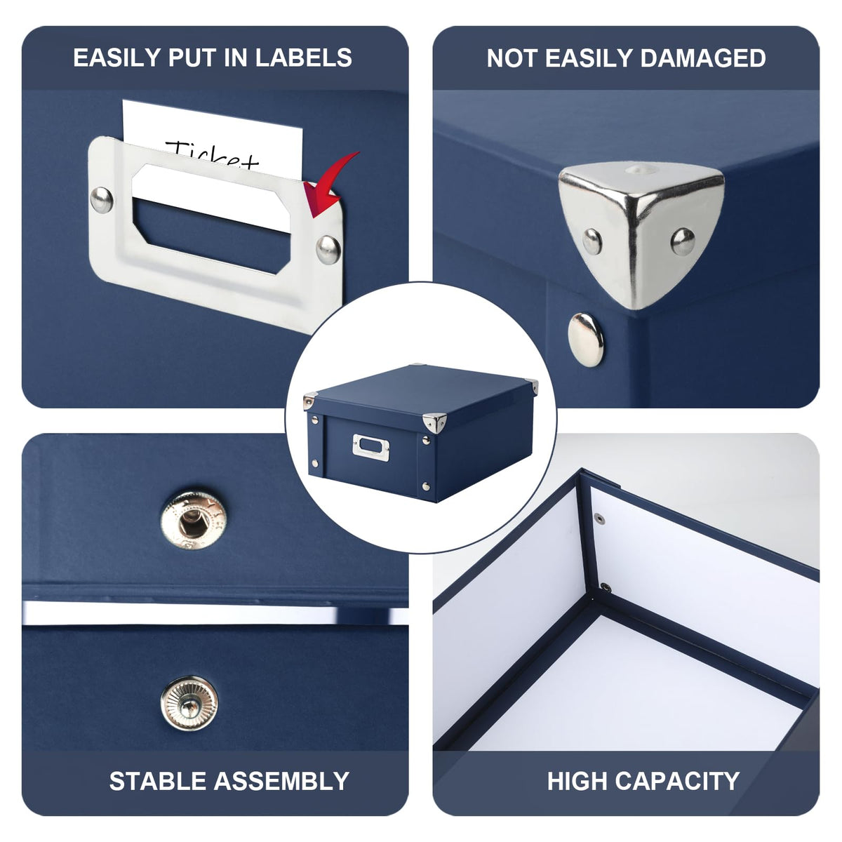DLUGOPIS Checks Storage Box with Lid Document Boxes Banker Boxes Document Bin Foldable Cardboard Record Boxes For Business Pesonal Orangize Files 12"x10"x5"(Navy Blue, 1 pcs)