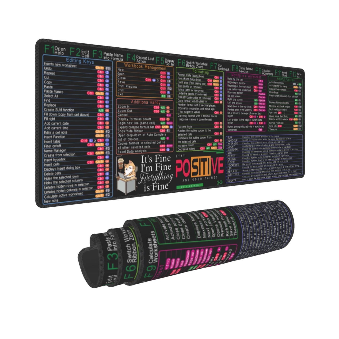 Aoojanu Excel Shortcut Keys Mouse Pad - 31.5 X 11.8 Inch XL Cheat Sheet Gaming Mousepad | PC Office Spreadsheet Keyboard Mat | Non-Slip Stitched Edge