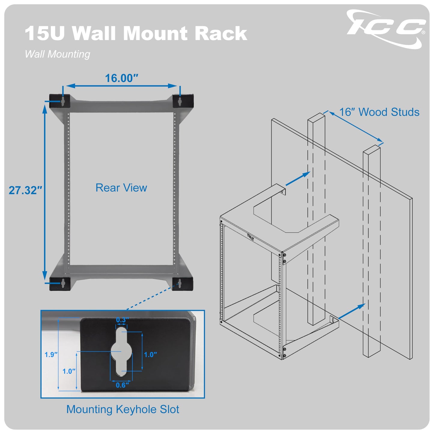 ICC 15U Wall Mount 19″ Open Frame Server Rack – 18″ Deep Cold-Rolled Steel, 125 lb Load Capacity – Network Rack for Patch Panels, Switches, AV, IT & Telecom Equipment Installations