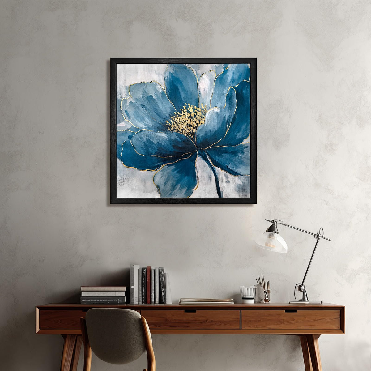 llribbons Framed Flower Wall Art Hand Painted Elegant Blue Peony Floral Canvas Pictures Indigo Gold Painting 3D Textured Prints Artwork for Living Room Bedroom Bathroom Office Home Decor 20" x 20"