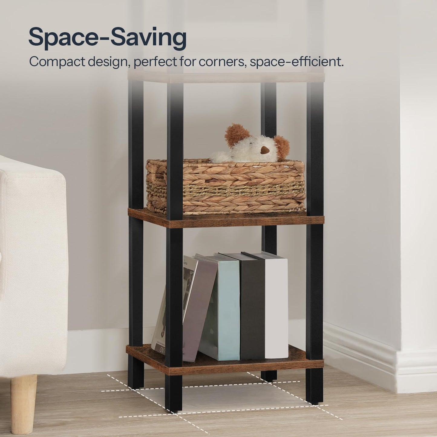 HOOBRO Small Bookcase, Industrial Style Bookshelf for Narrow Spaces, 4-Tier Square Book Shelf Stand, Wooden Storage Rack Display Shelf, Corner Shelf for Living Room, Rustic Brown and Black BF08CJ01