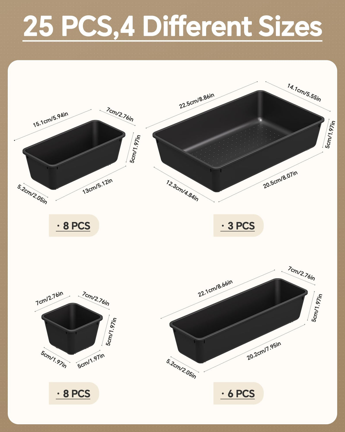 KEMETHY 25 PCS Plastic Drawer Organizers Set, 4 Sizes Vanity Organizer, Makeup and Desk Drawer Organizer Trays, Organization and Storage for Makeup, Bathroom, Kitchen Utensils and Office (Black)