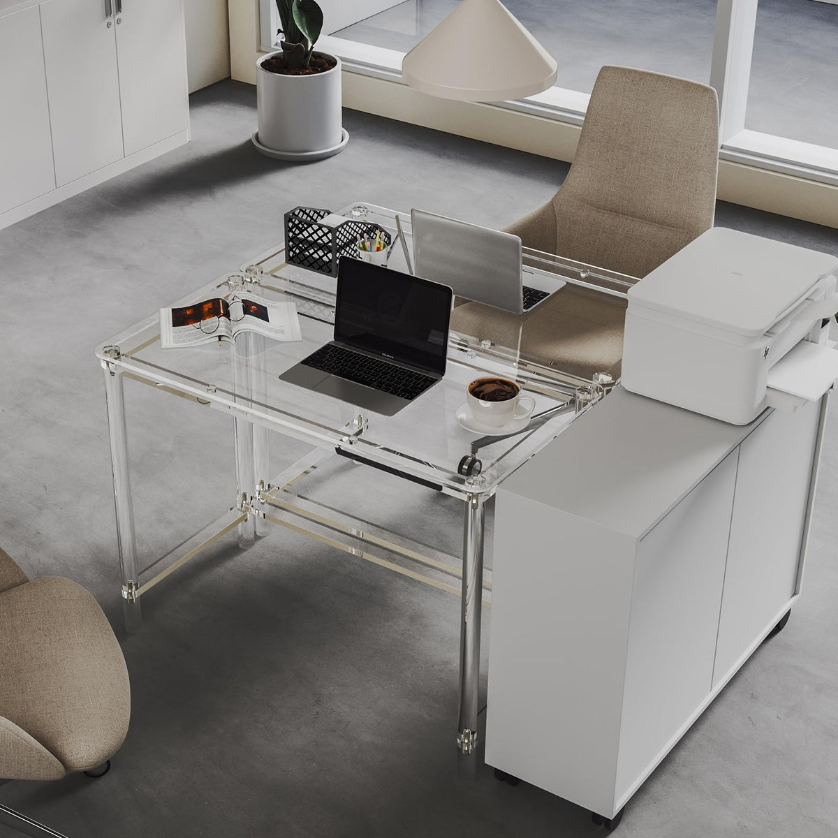 HMYHUM Acrylic Computer Desk, 40 Inch Clear Home Office Desk for Laptop, Study, Writing, Vanity Table with Cylindrical Legs, Modern, Easy Assembly