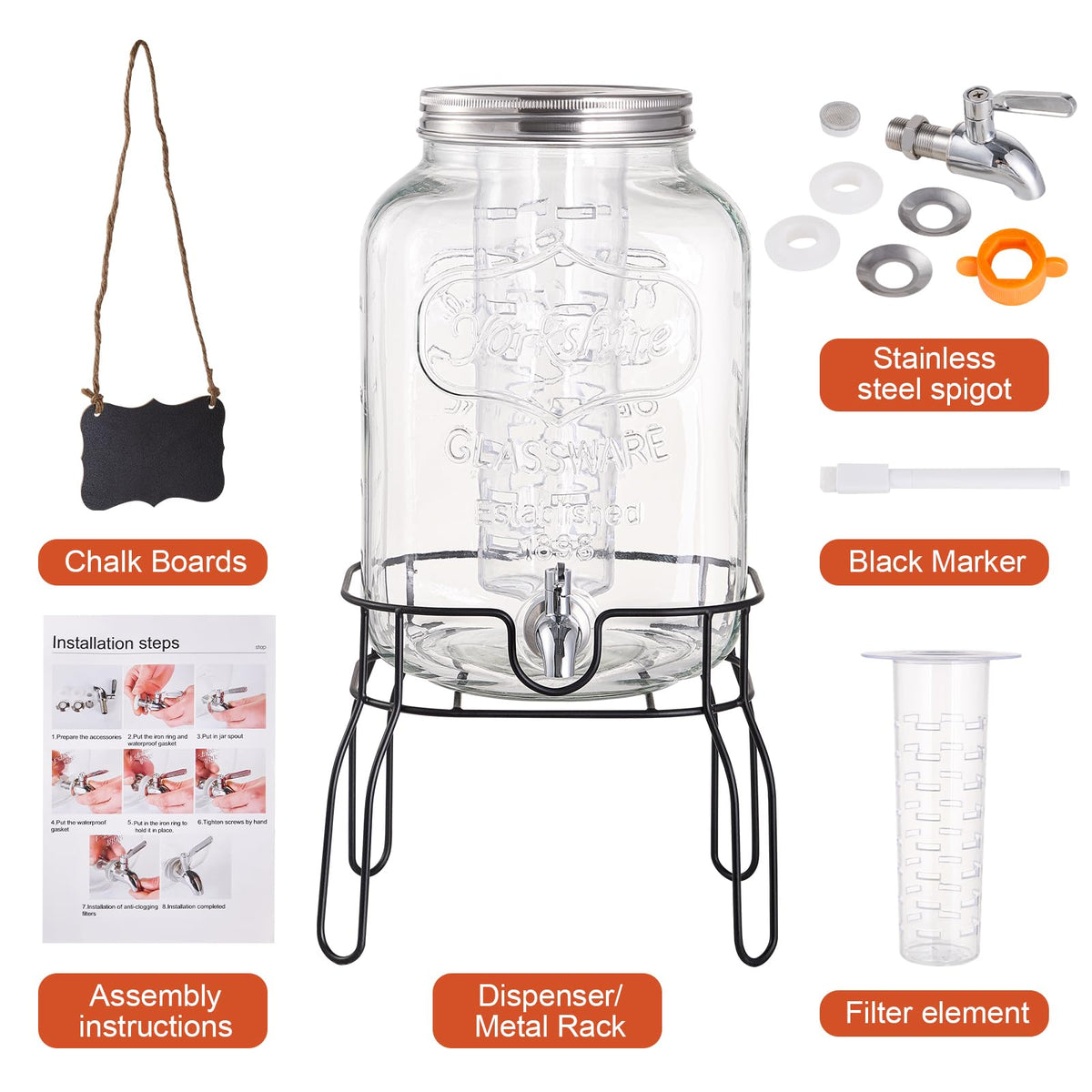 2 Gallon Glass Drink Dispensers for Parties, Beverage Dispenser with Stand, Fruit Infuser and Stainless Steel Spigot 100% Leakproof, Beverage Dispenser for Lemonade Sun Tea