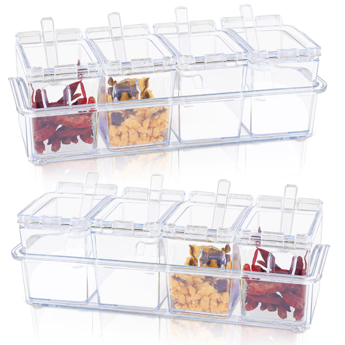 SHAIDOJIO Clear Seasoning Box, 8 Piece Seasoning Rack Spice Pots, Plastic Storage Container Condiment Jars with Lids and Spoon, Kitchen Organization Containers for Spice, Salt, Sugar, Cruet (2 Set)