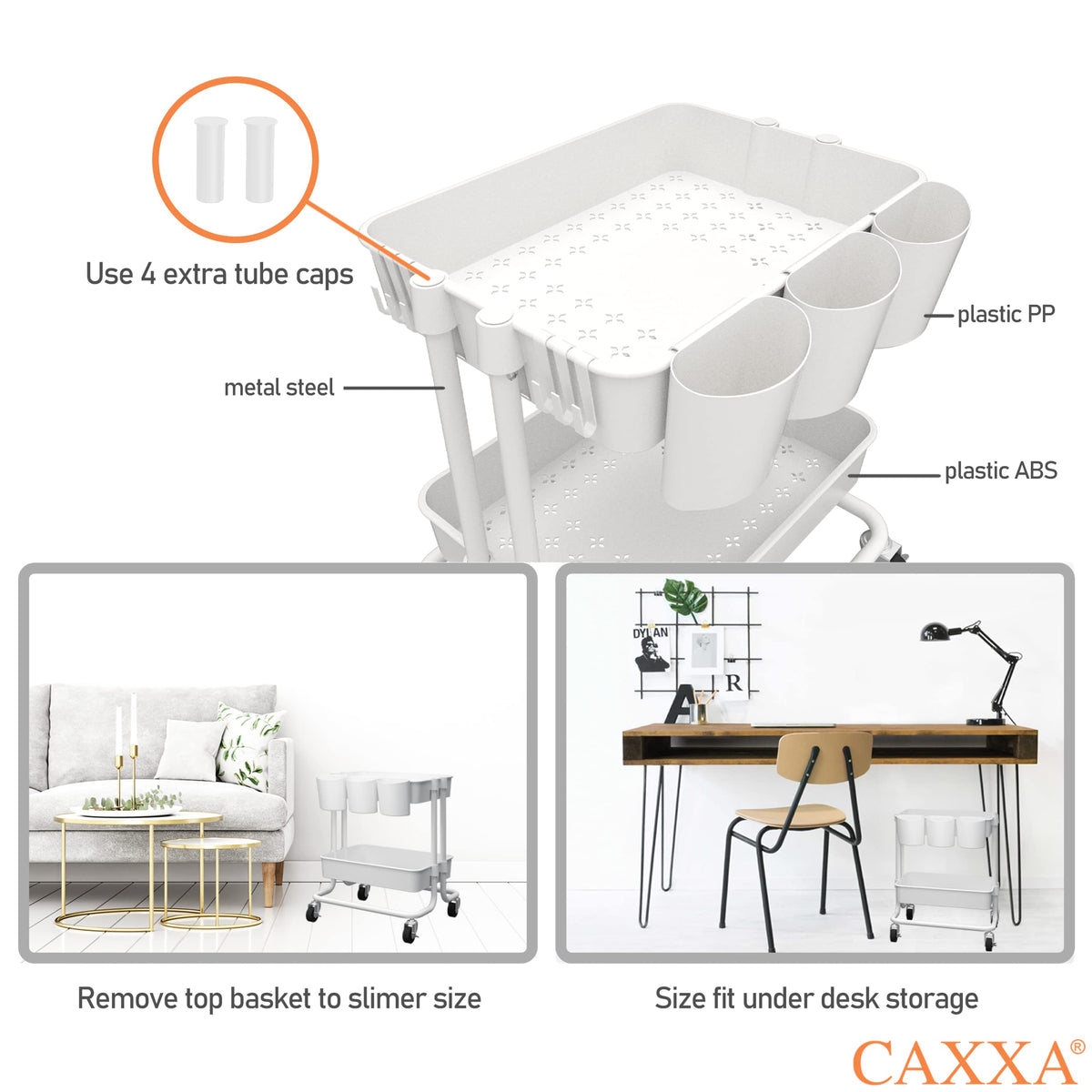CAXXA 3-Tier Rolling Storage Organizer with 3 Small Baskets - Mobile Utility Cart with Caster Wheels (White)