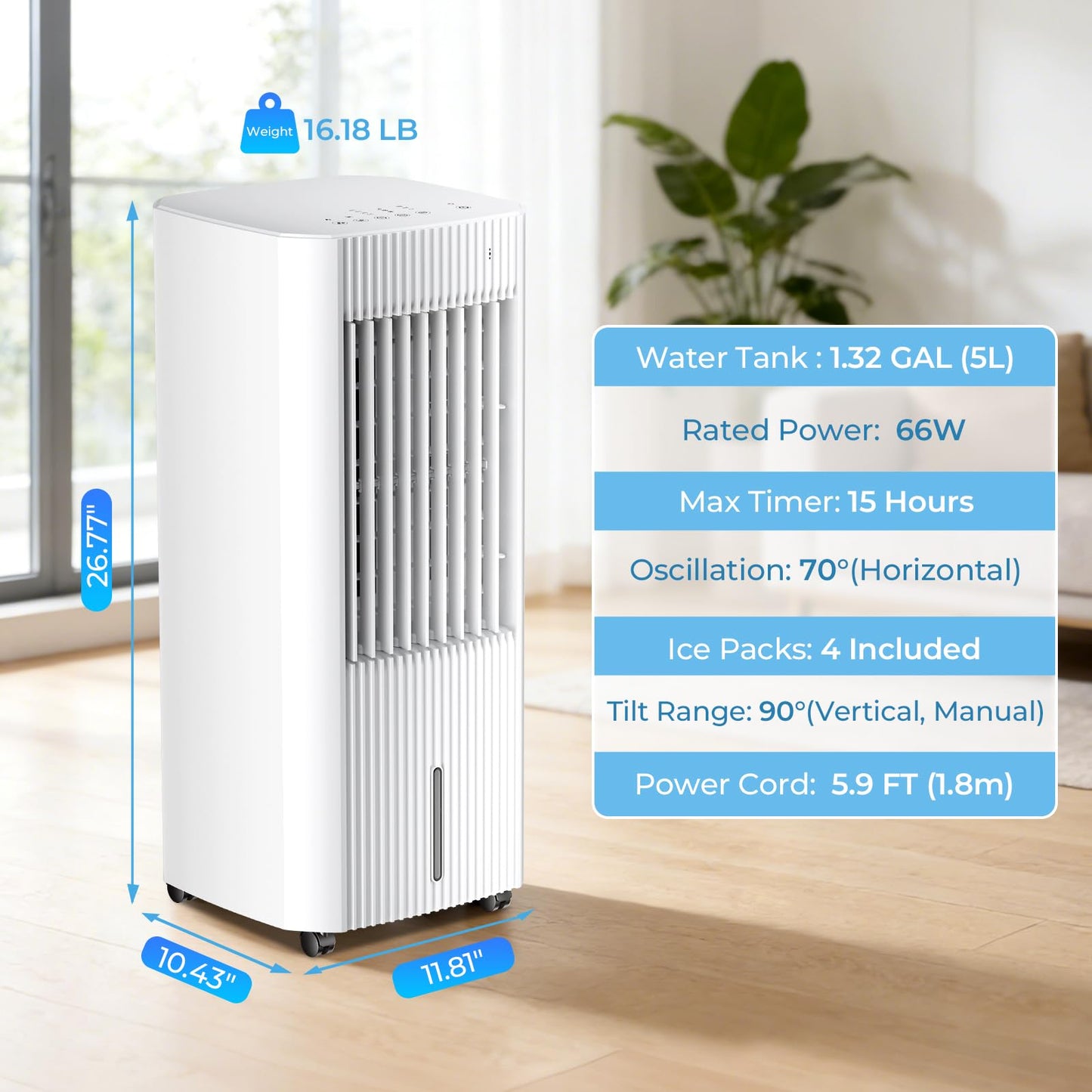 Electactic Portable Air Cooler,3 In 1 Swamp Cooler with Ice Packs,15H Timer,3 Speeds & Modes,Windowless AC for Apartments,Bedroom,Office,45dB Quiet,Pet-Friendly,White