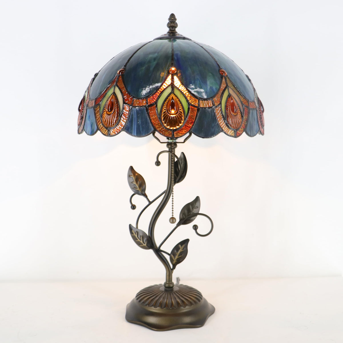 HWDFEI Tiffany Table Lamp, Stained Glass Style Desk Lamp, 12X12X19 Inch,Bedside Reading Light, Metal Leaf Base（Peacock Crystal Style