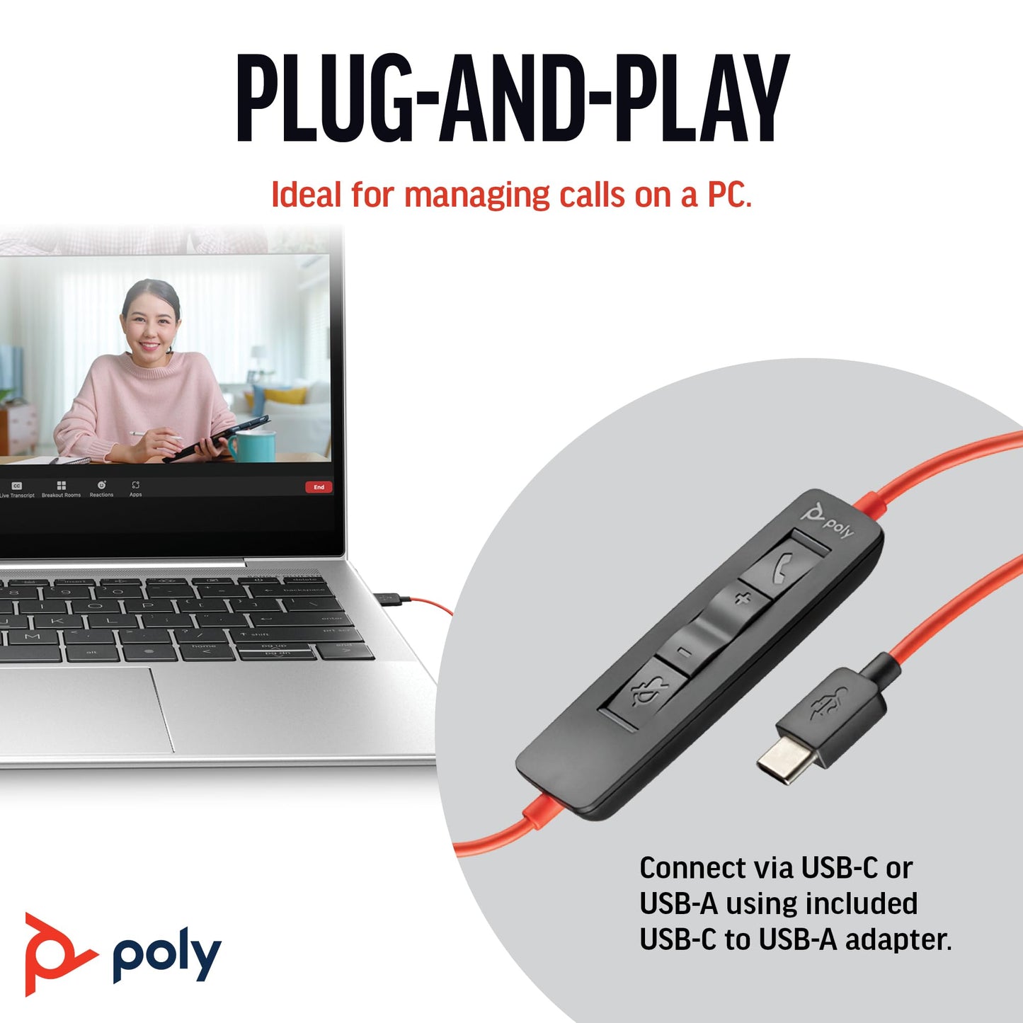 Poly Blackwire 3220 Wired Headset with Mic, Hi-Fi Stereo Sound, Noise-Canceling Mic, Stereo Design, Connect to PC via USB-C & USB-A Adapter, Over-Ear Design, Works with Virtual Meeting Platforms