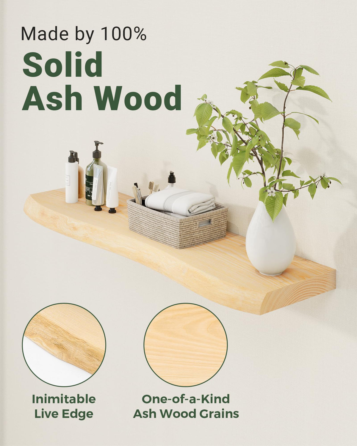 Axeman 24" Solid Wood Floating Shelves for Wall Decor, USA-Sourced Rustic Ash Wood Live Edge Shelf with Upgraded Heavy Invisible Bracket, Wall Mounted Shelf for Kitchen Bathroom Living Room, Natural