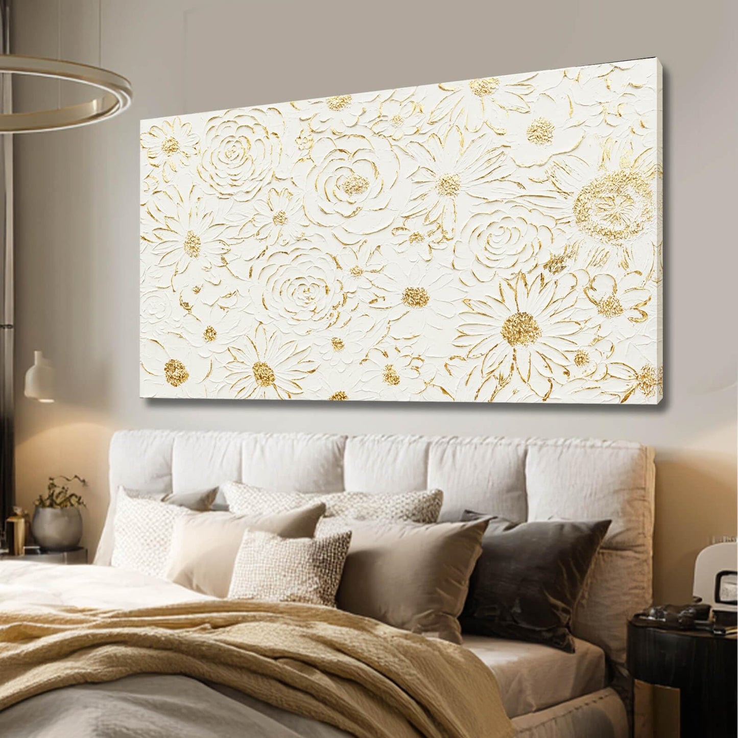 YJYart Large White Canvas Wall Art, Gold Flowers Wall Art for Wall Decor,Office Arts,Living Room or Bedroom Artwork Picture, Hallway Decoration 24"x48"