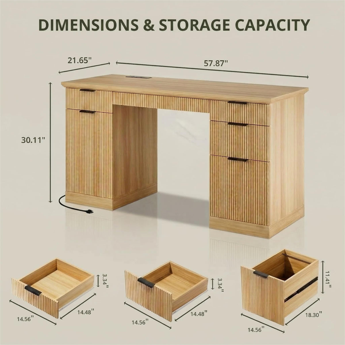 FURSUN 58" Executive Desk with Charging Station & File Drawer, Modern Fluted Home Office Desk with 5 Drawers & Keyboard Tray, Large Computer Writing Desk, Natural Oak