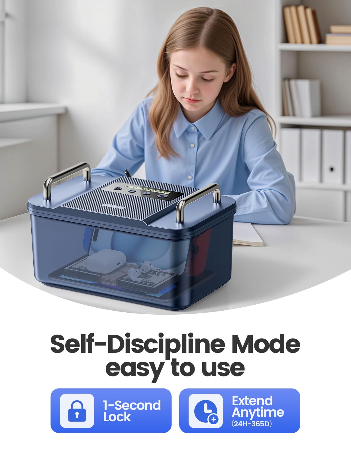 Vaydeer Safe Timed Lock Box with Dual Metal Handles-Phone Lock Box with Timer Unplug from Phone, Video Game, Social Media, Craving,Self-Control Lockable Storage Box for Focus & Self-Control(Dark Blue)