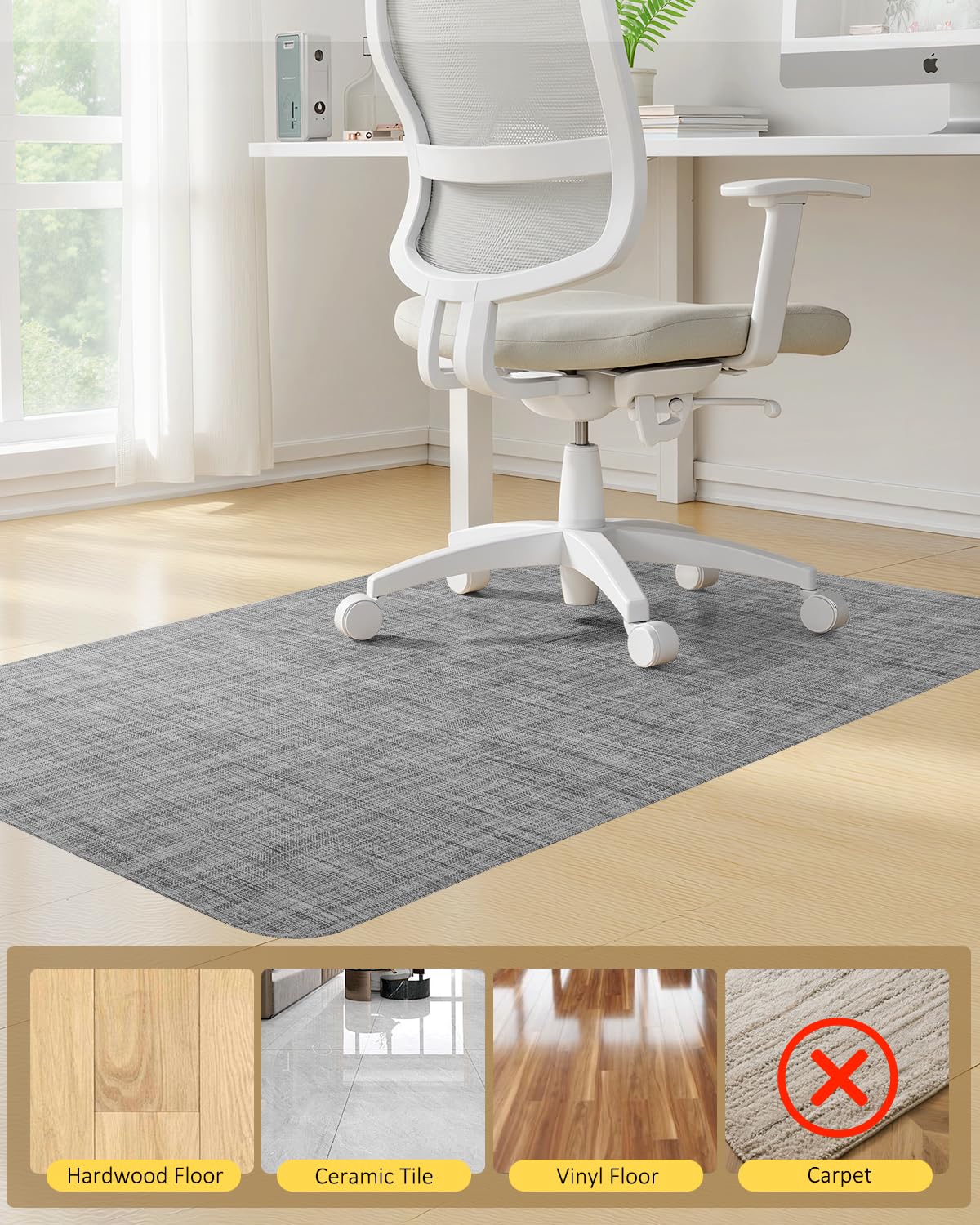 BesWin Office Chair Mat for Hard Floors, 36" x 48" Desk Computer Chair Mat for Wood/Tile Floors, Heavy Duty Non-Slip PVC Hard Floor Protector Mat Desk Rug for Office Home, Grey
