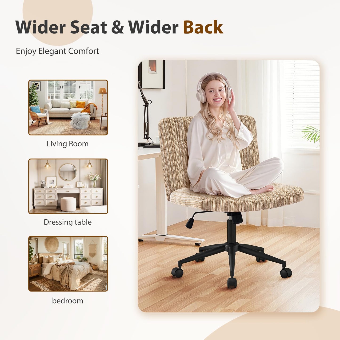 Furnimart 360° Swivel Criss Cross Desk Chair Extra-Thick Cushion, Premium Chenille Cross Legged Chair with Wide Seat & Wheels, Comfy Armless Home Office Chair for Bedroom, Vanity, Sturdy (Light Brown)