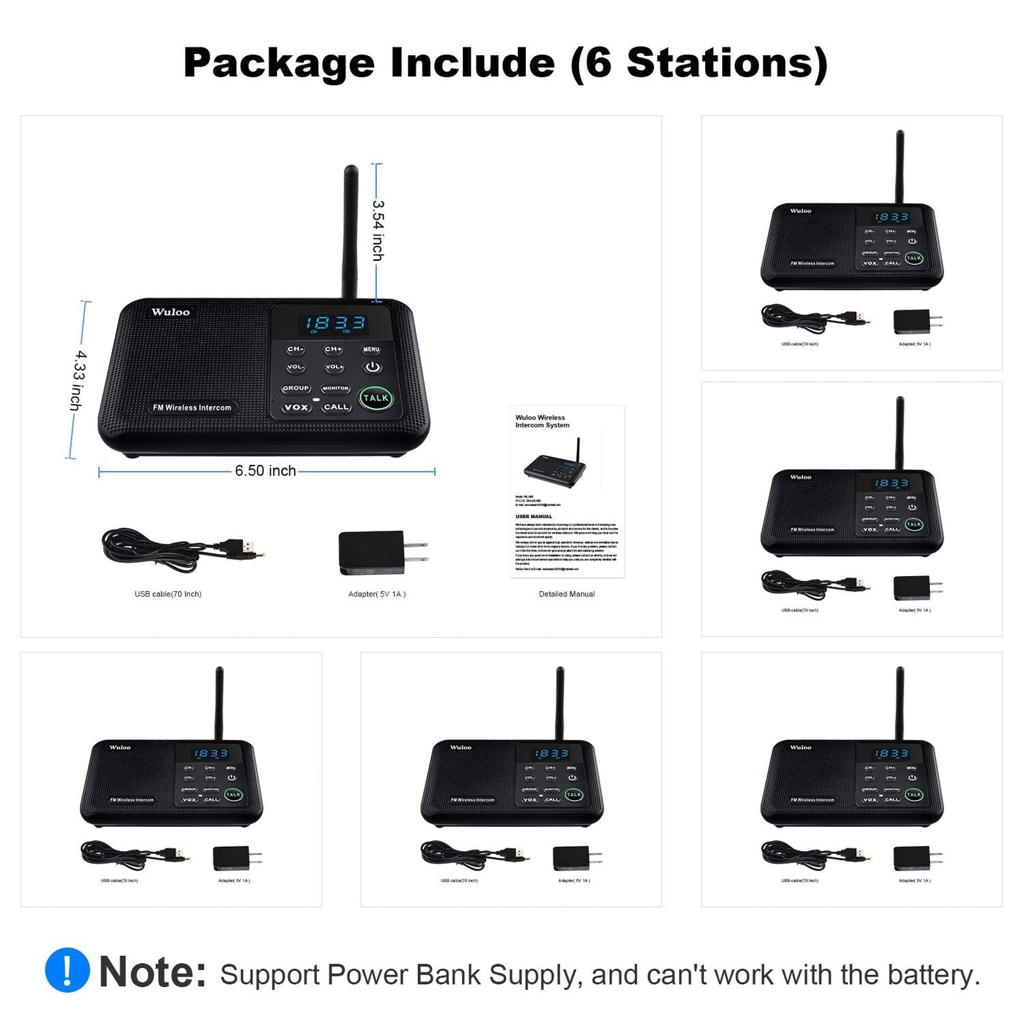 Wuloo Intercoms Wireless for Home 1 Mile Range 22 Channel 100 Digital Code Display Screen, Wireless Intercom System for Home House Business Office, Room to Room Intercom Communication (6 Packs, Black)
