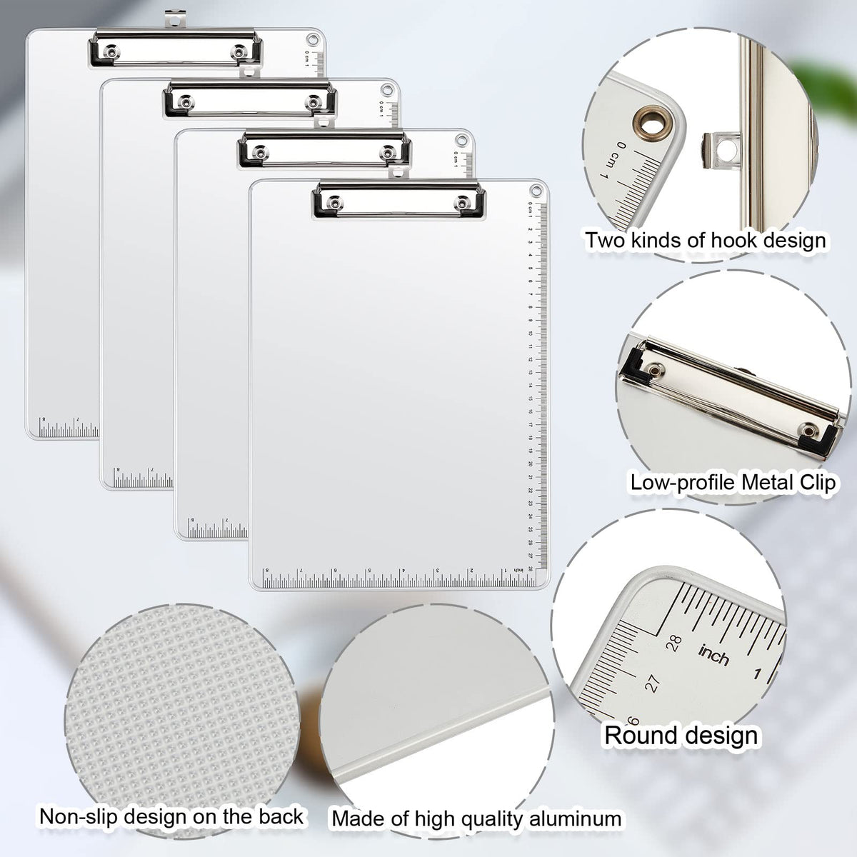 Henoyso 8 Pieces Metal Clipboard Bulk Heavy Duty Aluminum Document Holder with Scale A4 Letter Size Metal Clip Board Office Low Profile Clip for Office School, 12.5 x 9 Inch