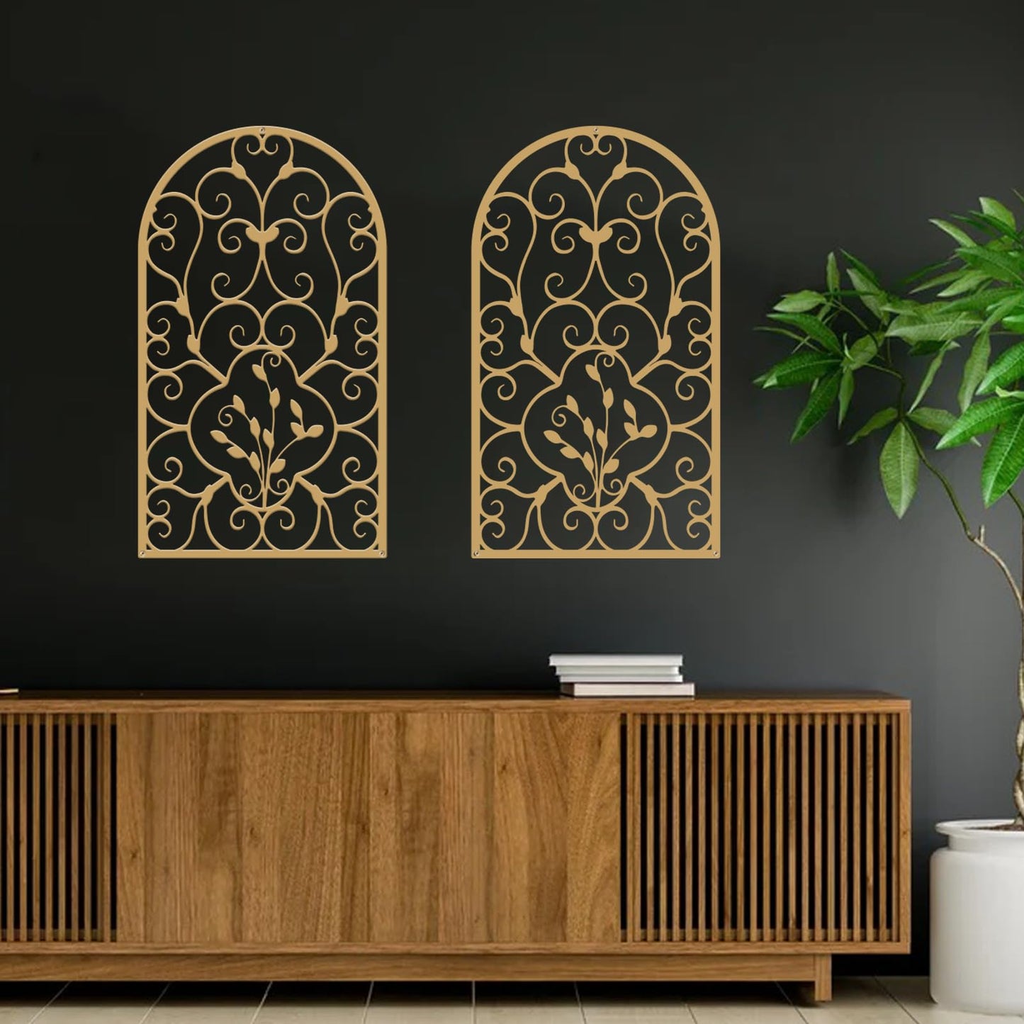 Resama 2 Pcs Scroll Home Wall Decor, Rustic Metal Wall Decor Window Arch Design Modern Farmhouse Wall Sculptures Hanging for Living Room Bedroom Hallway Kitchen (Gold, (15.7" X 9")
