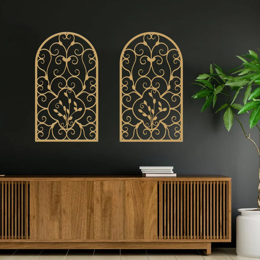 Resama 2 Pcs Scroll Home Wall Decor, Rustic Metal Wall Decor Window Arch Design Modern Farmhouse Wall Sculptures Hanging for Living Room Bedroom Hallway Kitchen (Gold, (15.7" X 9")