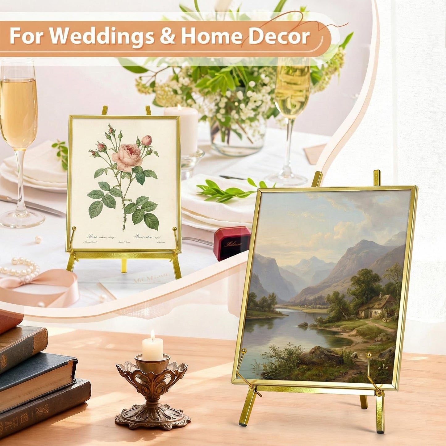 BeeCoAoo 13.3" Metal Easel Stand for Sign – Elegant Table Top Easel for Display, Heavy Duty Tabletop Picture Easel Stand for Wedding Sign, Picture Frame, and Art (Gold)
