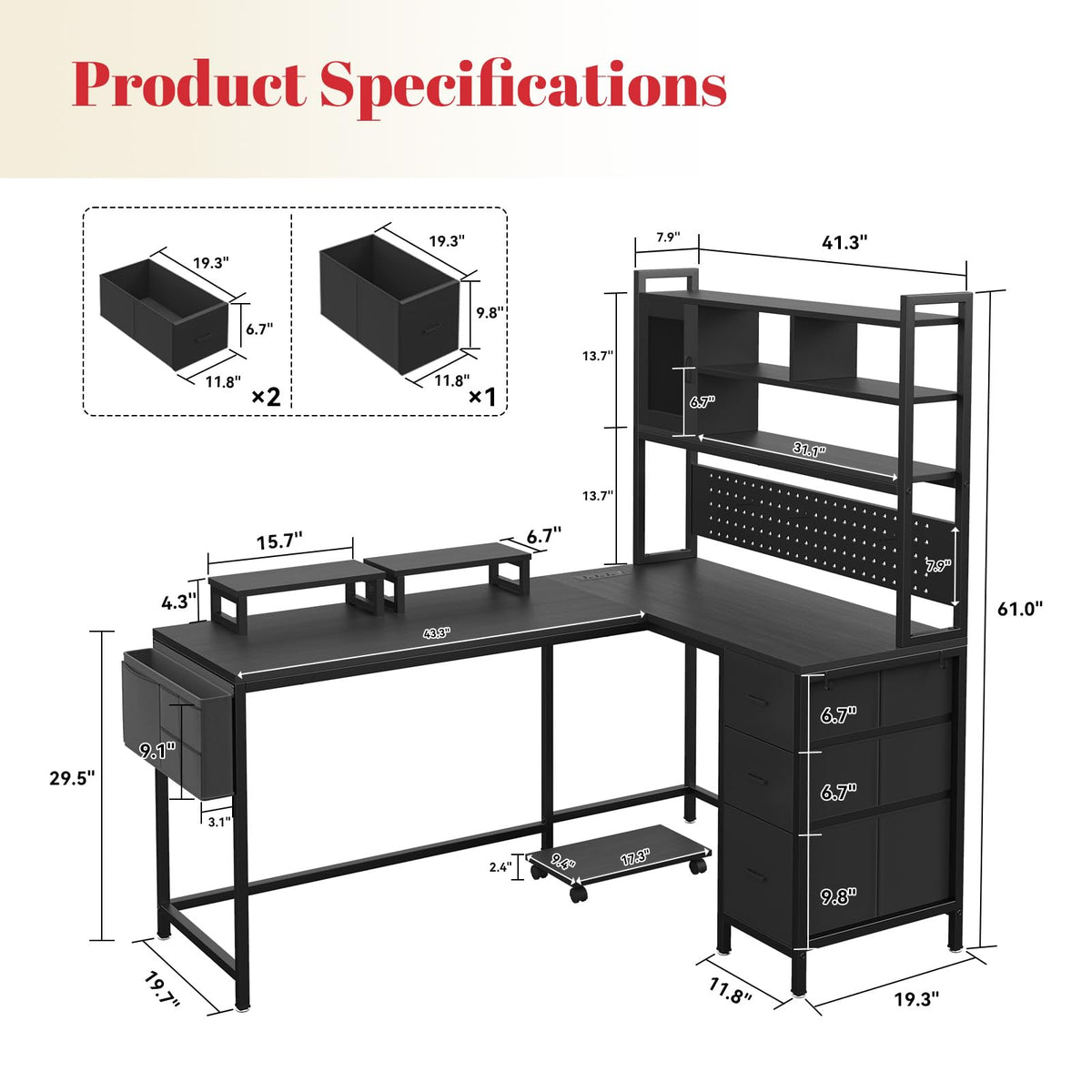 Lazmvlz L-Shaped Computer Desk with Charging Station and Light Strip, Gaming Desk with Pegboard & Storage Shelves, Corner Table with 3 Drawers, Monitor and Computer Tower Stand for Home Office, Black