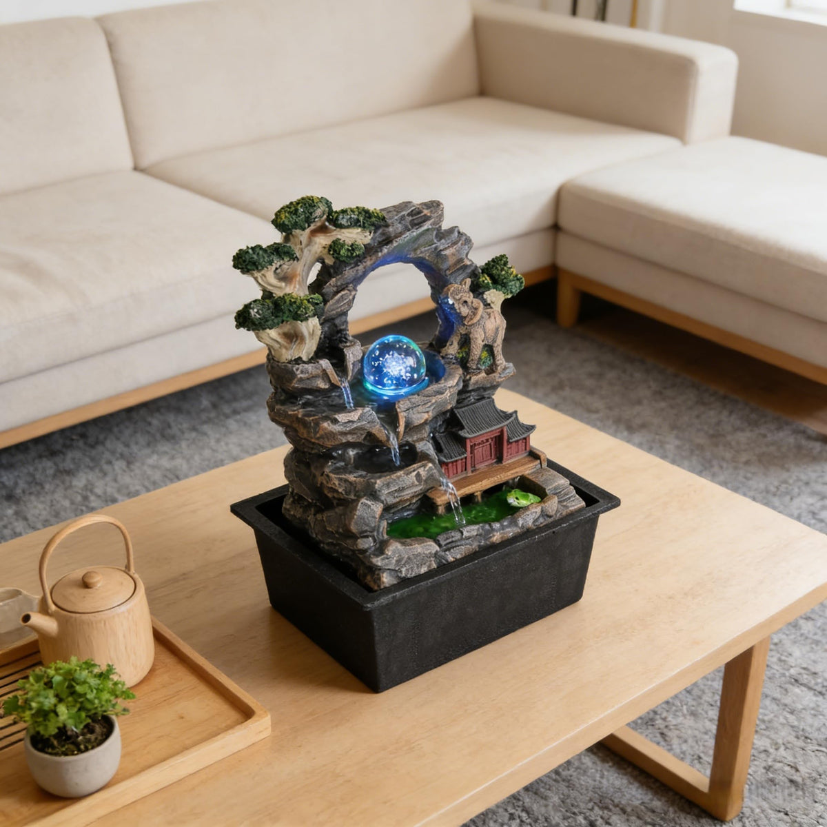 Elephant Asian Pagoda Tabletop Water Fountain, LED Crystal Ball Cascading Rock Waterfall, Indoor Outdoor Zen Decor for Home Office Patio, Soothing Relaxation Sound, Housewarming Gift