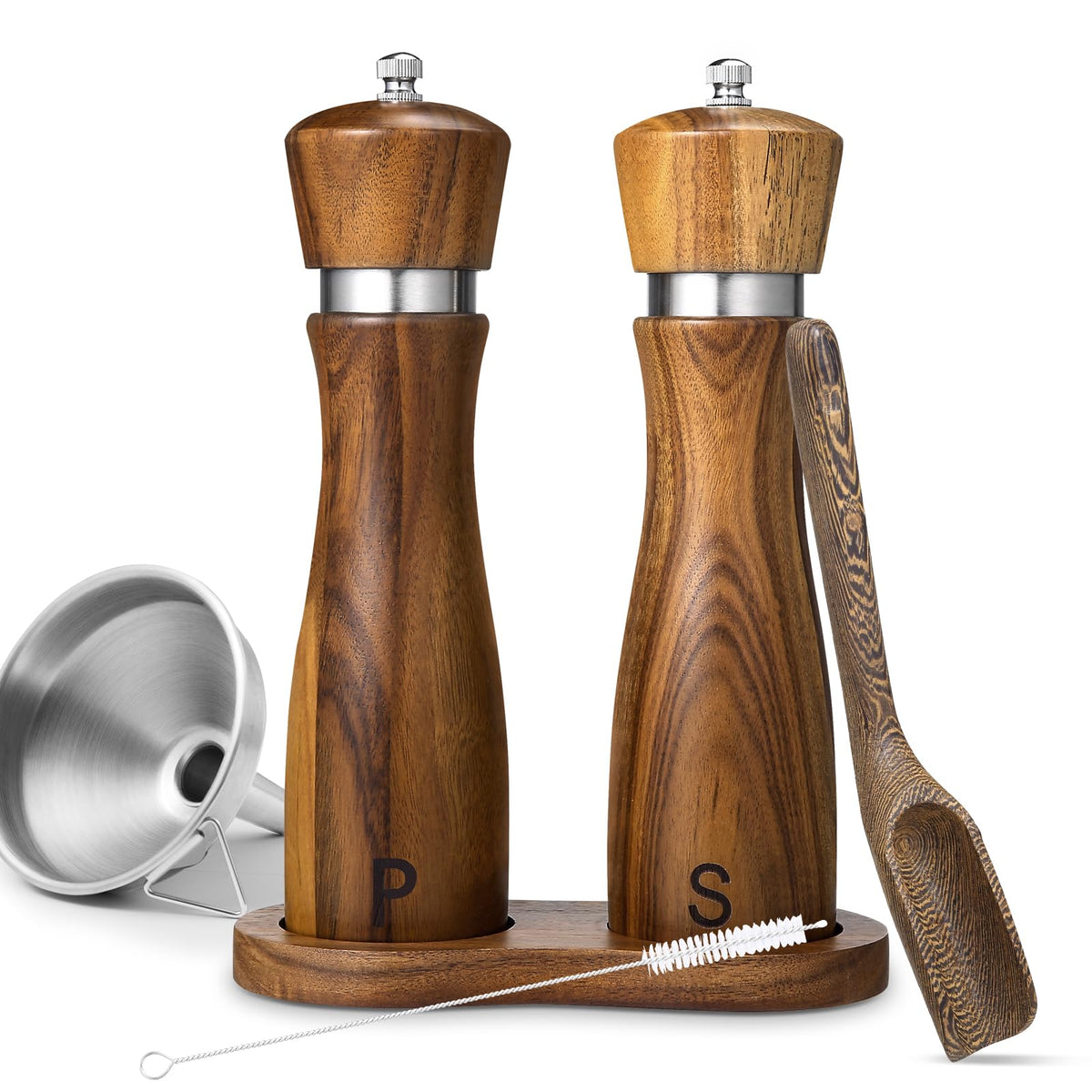 2 Pack Acacia Wood Salt and Pepper Grinder Set – 8” Manual Mills with Adjustable Ceramic Core, Stainless Steel, Tray, Spoon, Brush & Funnel – Rustic Wooden Gift Set for Kitchen or Table