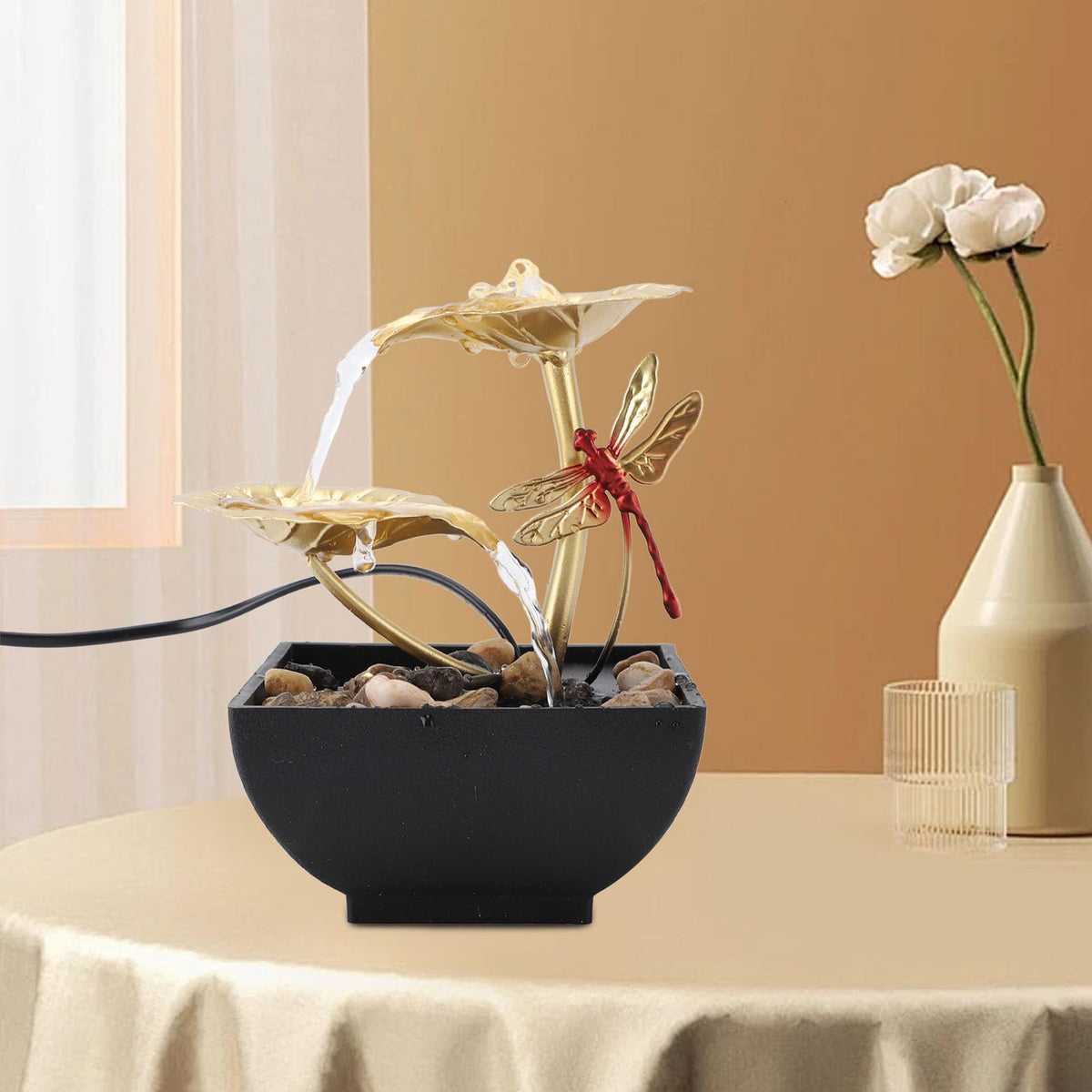 Lotus Leaf Dragonfly Fountain Water Decor, USB Tabletop Water Decor, Iron Circulating Water Feature Crafts Ornaments for Living Room Office