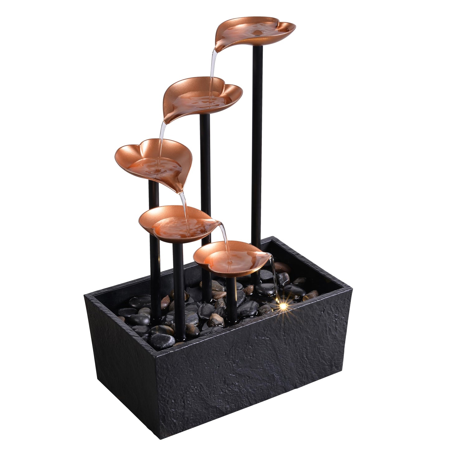 Rytmfluss 14" Tabletop Water Fountain, Indoor Desktop Fountain with Copper Leaf Design & LED Light, Splash-Free Zen Decor for Home, Office, Meditation, Yoga, Gift