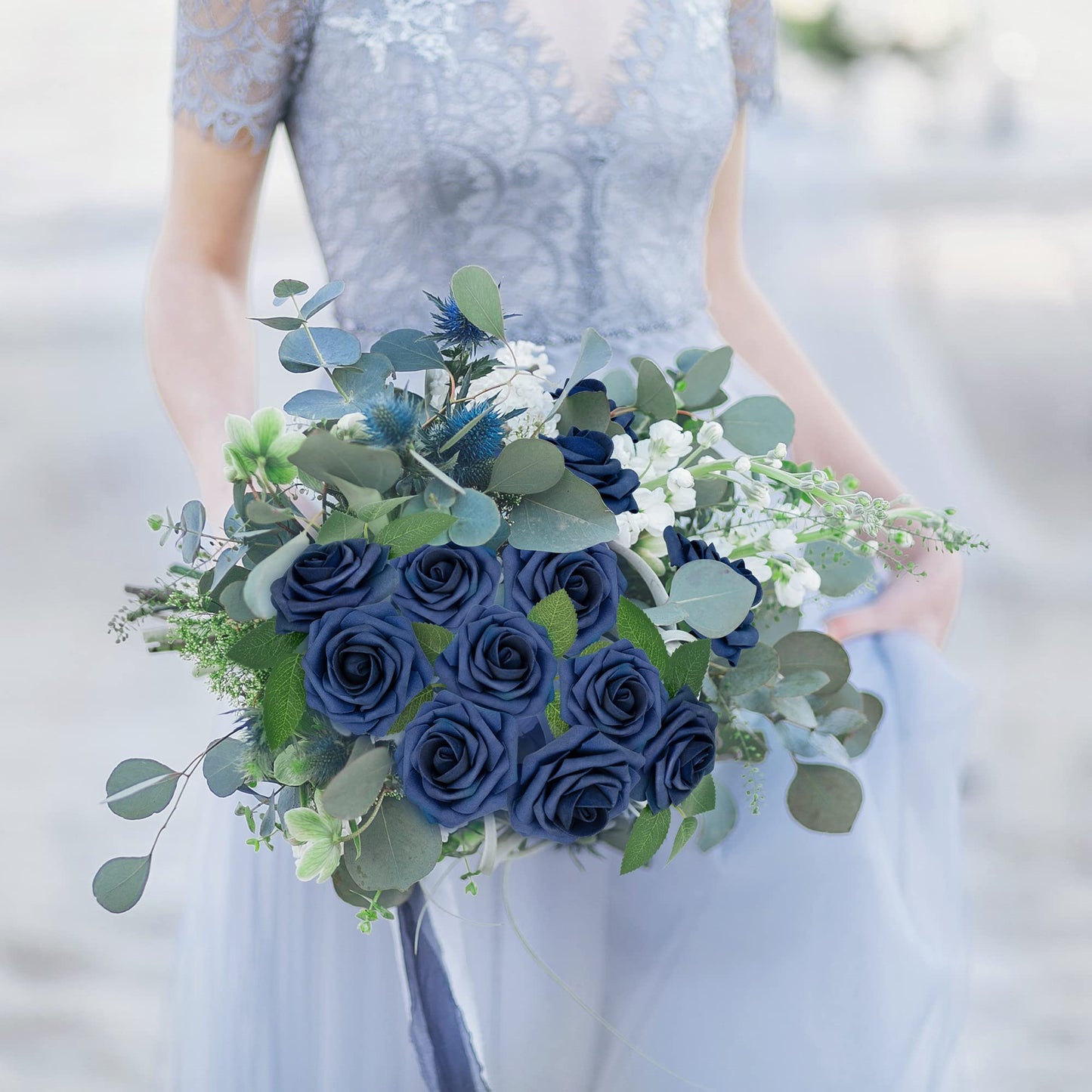 Mocoosy 50Pcs Roses Artificial Flowers, Navy Blue Fake Roses for Decorations, Real Touch Foam Rose Bulk with Stems DIY Wedding Bouquet Bridal Shower Mother's Day Floral Arrangement Party Home Decor