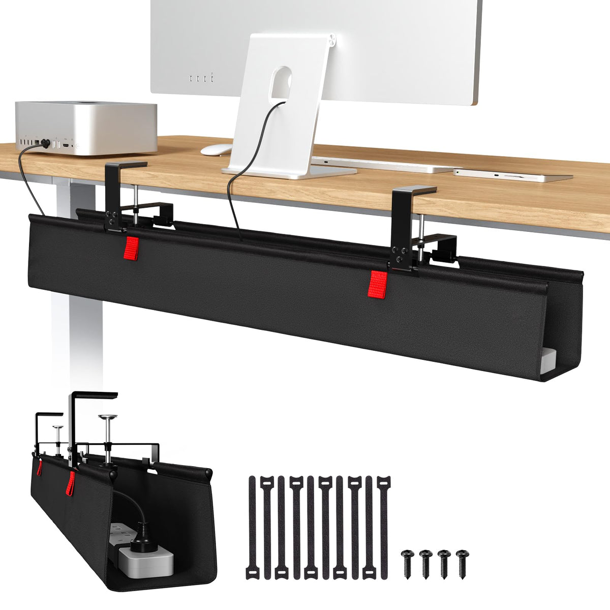Univivi No Drill Under Desk Cable Management Tray, 36" Cord Organizer for Table, Clamp/Screw Mount Desk Cable Management, Premium Fabric Cable Management Tray for Office, Home