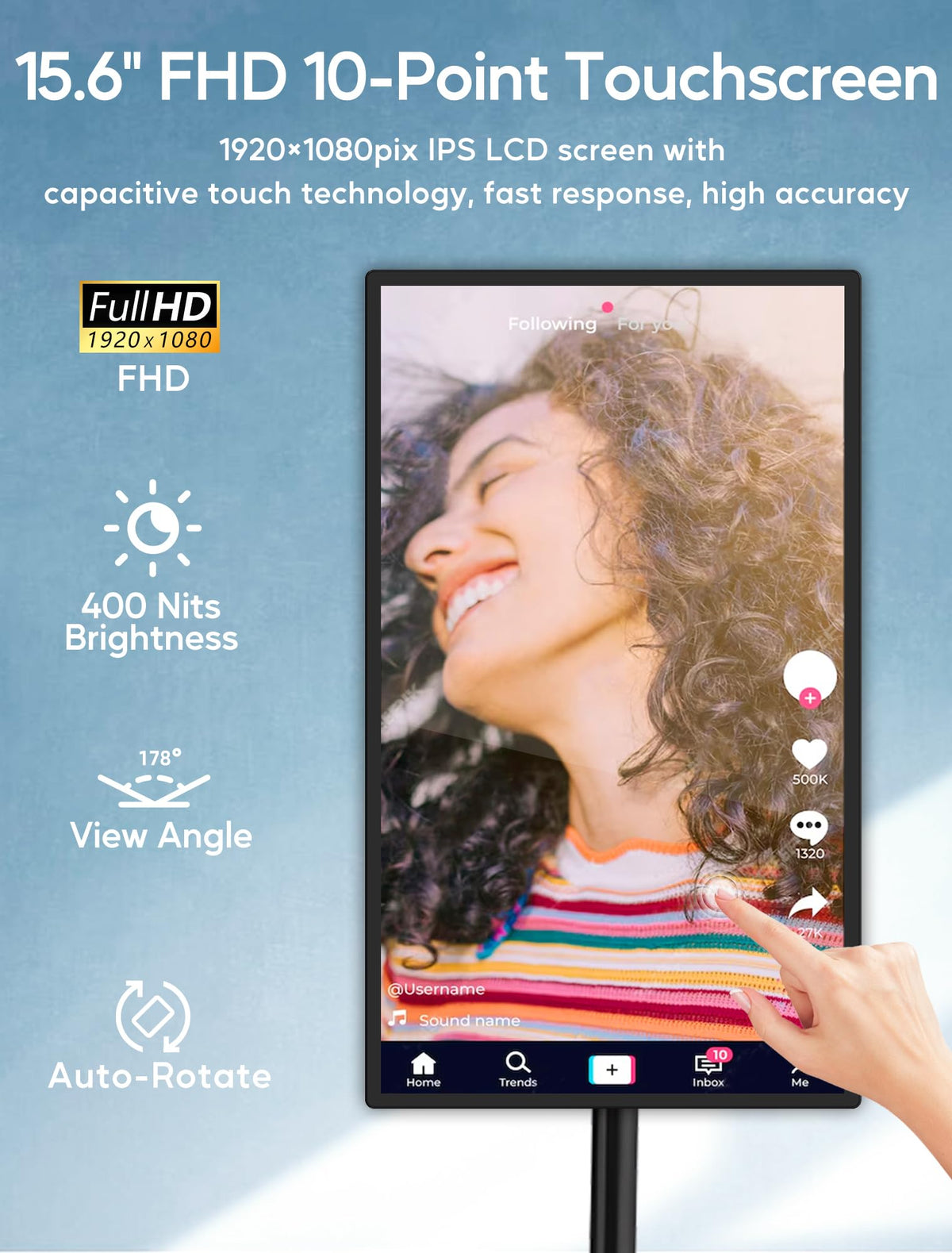 PWR4GTR 15.6" Digital Signage Capacitive Touchscreen Advertising Display with Adjustable Stand, 10000mAh Battery, Android 13 Commercial LCD Monitor with Auto Play, Wireless Screen Mirroring, 4+64GB