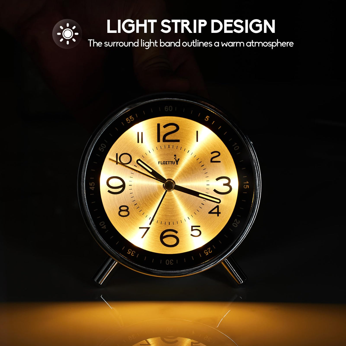 FLOITTUY Super Silent Metal Alarm Clock,Beep Wake Round Alarm Clock with Strip Night Light,Battery Operated,Easy Set,Simple & Retro for Desk, Bedroom and Home Decoration(Metallic Silver)
