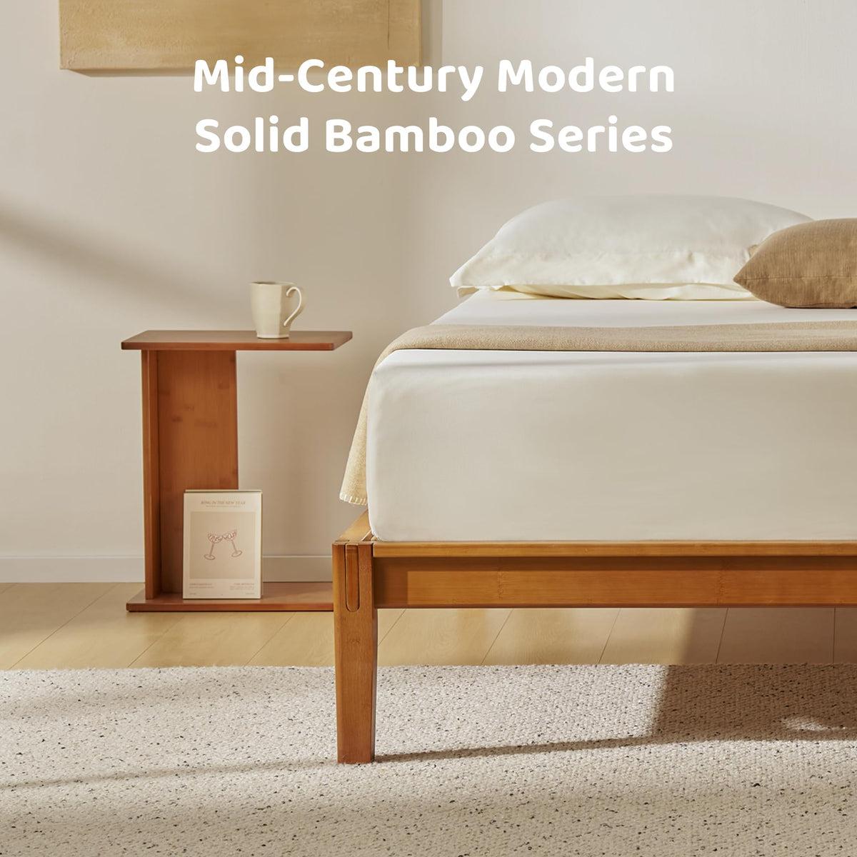 RECCI Solid Bamboo C-Shaped End Table Set of 2 for Couch and Sofa, Sustainable Mid-Century Modern Wood Side Table for Living Room or Bedroom, Easy Assembly C Table Nightstand (Walnut)