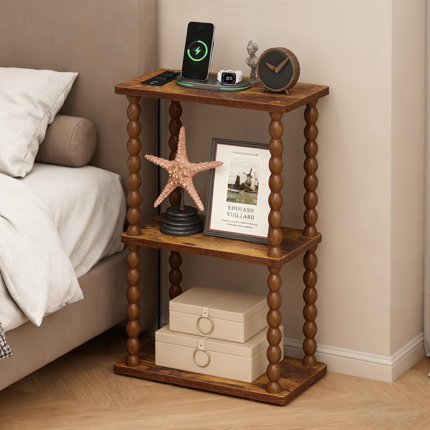 ELYKEN Side Table with Charging Station, Small End Tables Living Room with USB Port and Outlet, 3-Tier Narrow Bedside Table Nightstands for Bedroom, Rustic Brown