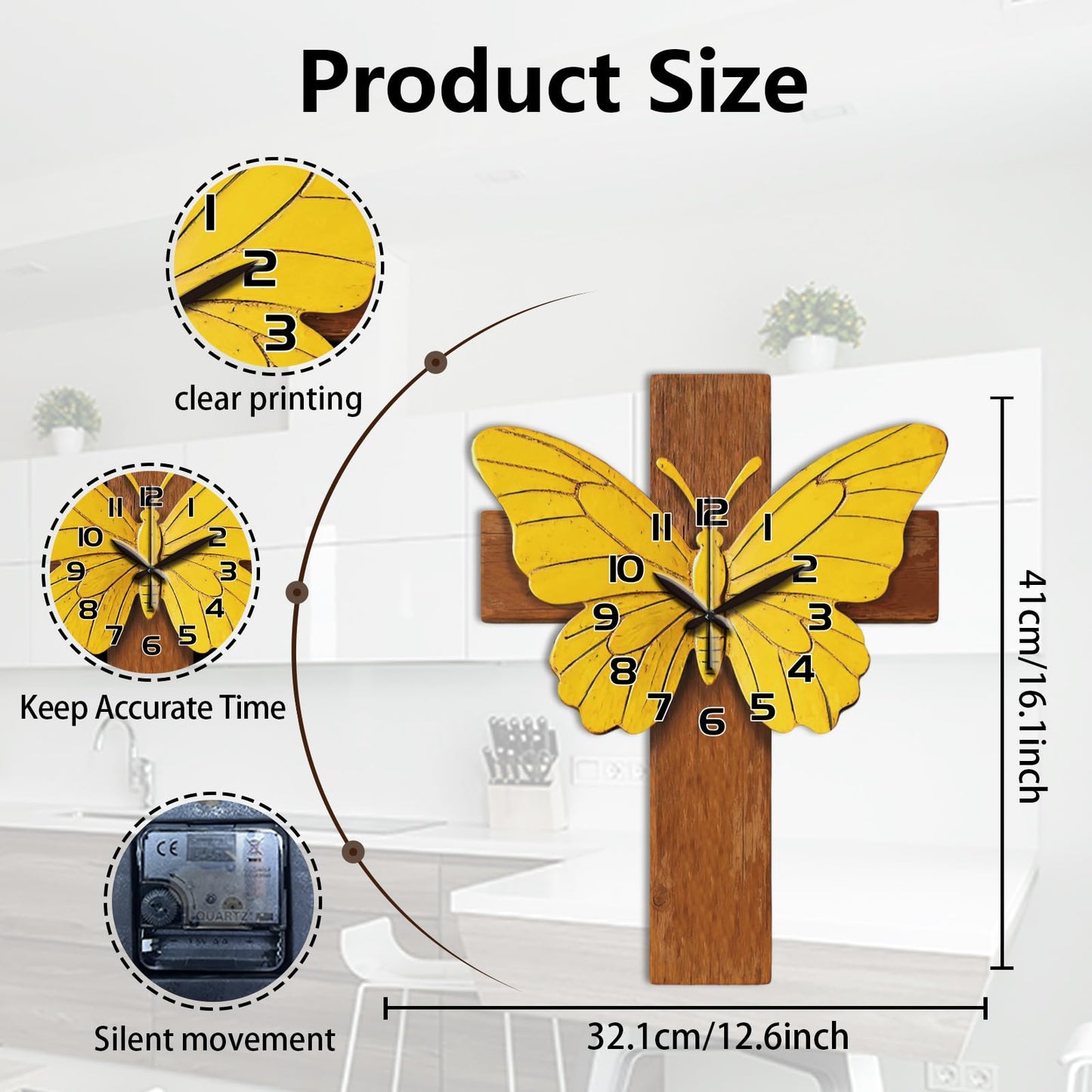 CONCHLERY Cross Wall Clock Irregular Shape Decorative Wall Clock Butterfly Non-Ticking Clock for Home Office Decoration, 16.14×12.63 inch
