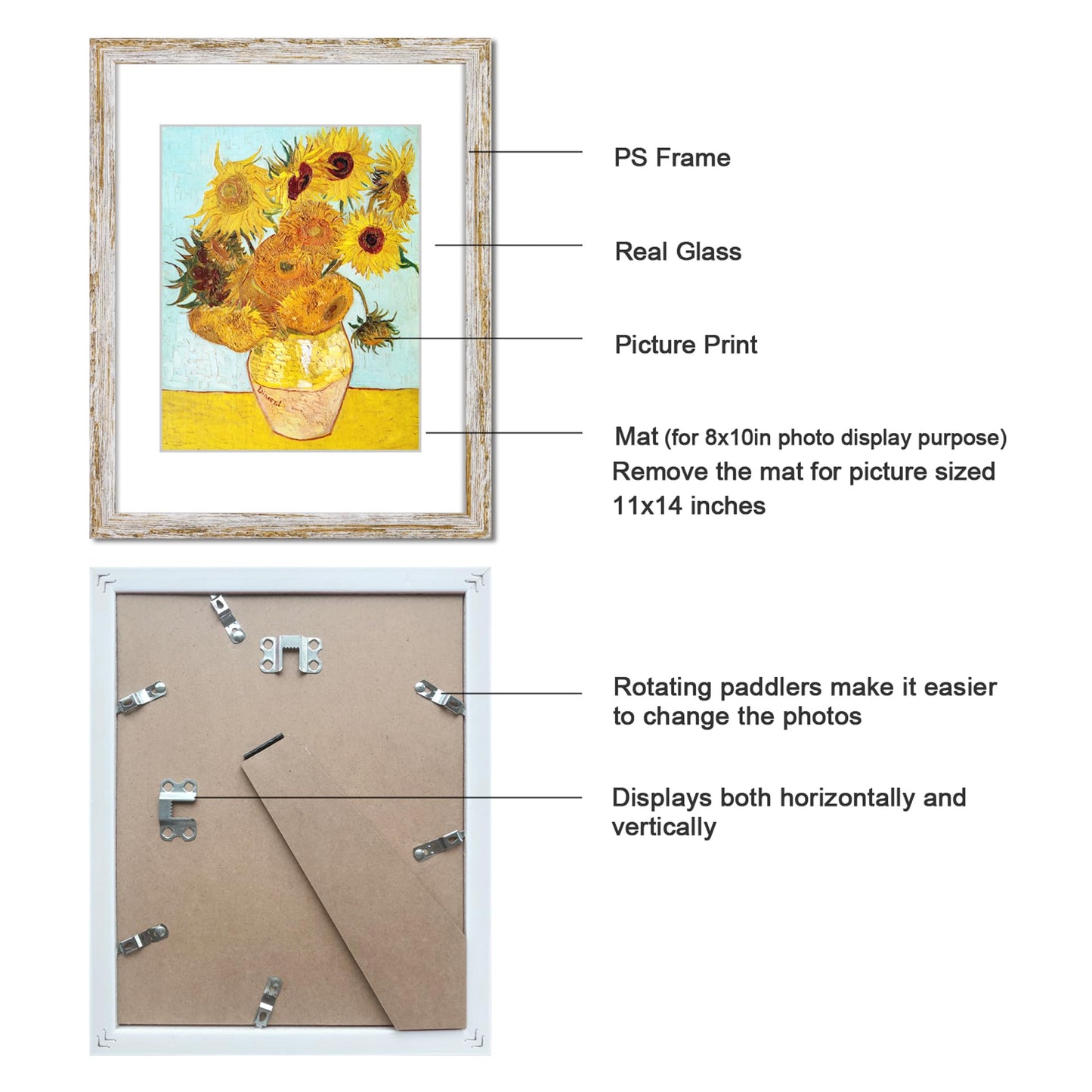 DEKWINN Rustic Distressed Retro Style White Frame 11x14 Picture Frame Set of 6 with Real Glass for Pictures 8x10 with Mat or 11x14 Without Mat, Wall Gallery or Tabletop display