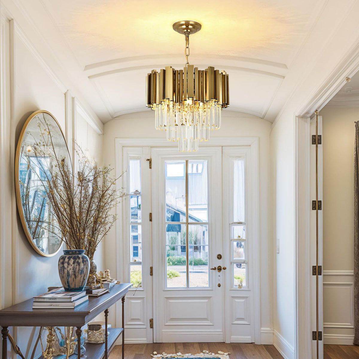 AOOCHOK Modern Crystal Chandelier Gold Pendant Light Fixtures, Small Crystal Pendant Lighting for Entryway, Corridor, Balcony, Porch, Restaurant, Door Opening, E26 x 3, Φ16inch