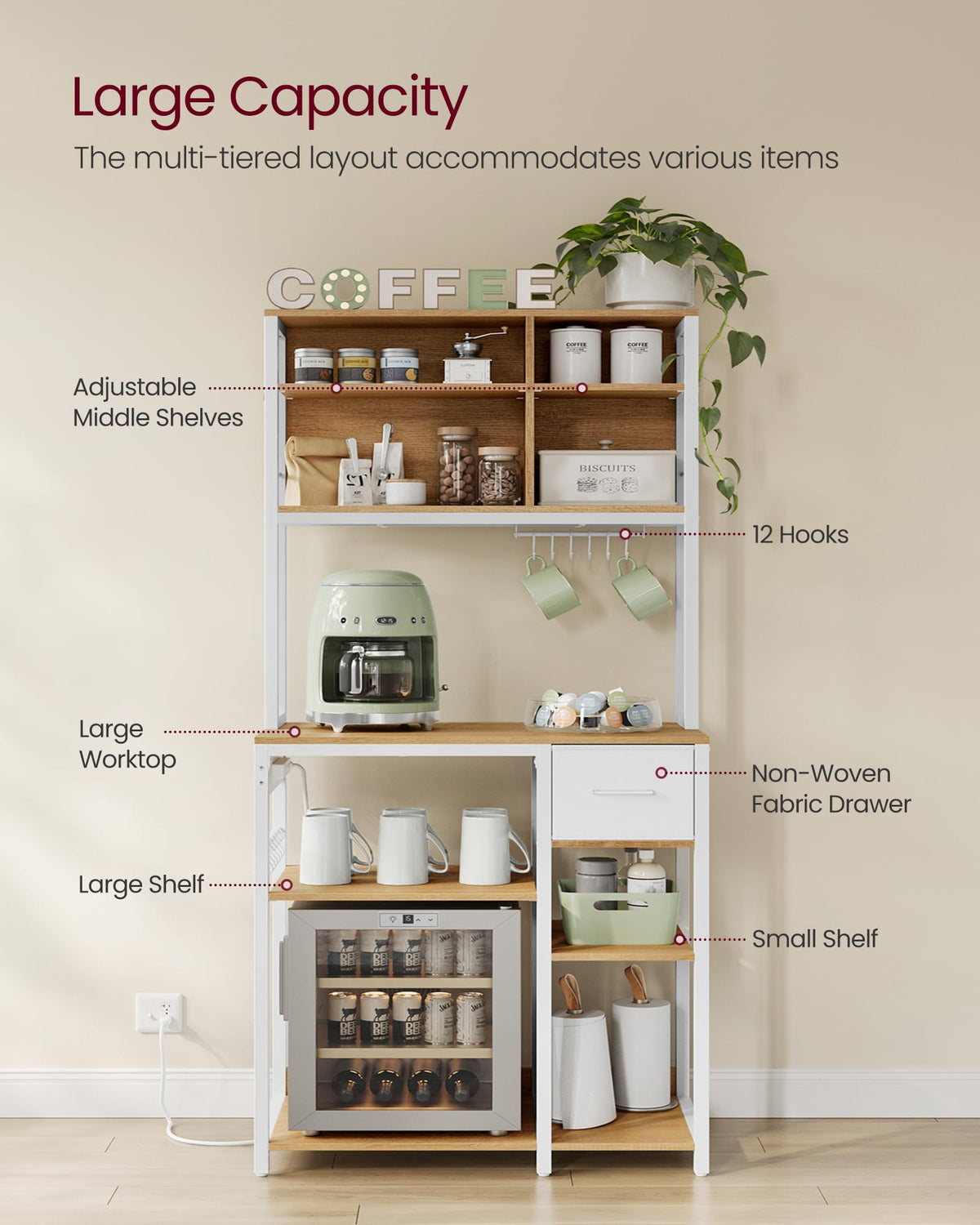 VASAGLE Bakers Rack with Charging Station, Coffee Bar, 15.7 x 31.5 x 71 Inches, Kitchen Microwave Stand, Adjustable Storage Shelves, Fabric Drawer, 12 Hooks, Golden Oak and Cloud White UKKS015Y03