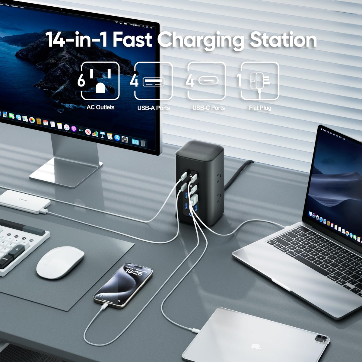 TenTrend Power Strip Tower (230W), 14-in-1 USB-C Charging Station Tower with 2000J Surge Protection, 5FT Extension Cord with 6 AC Outlets & 8 USB Ports for Home Office Dorm Essentials