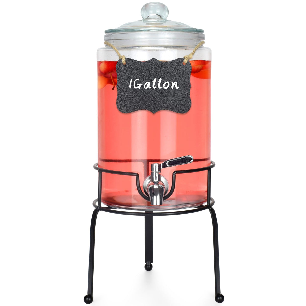 PARAISODOS 1 Gallon Beverage Dispenser 1 Pack, Stainless Steel Spigot Drink Dispenser for Parties with Stand, Clear Glass Drink Container Easy to Refill and Clean