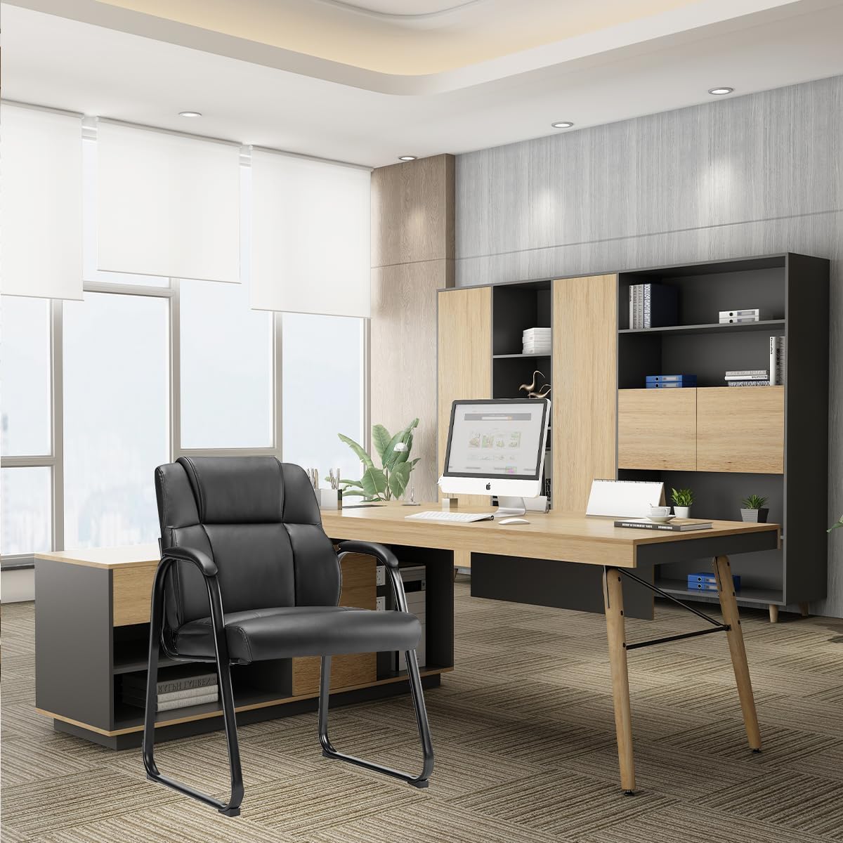 Simple Deluxe Leather Guest Chairs with Padded Arms & Sled Base - Set of 1 Stationary No Wheel Waiting Room Chair for Conference Reception Rooms, Lobby, Home Office Computer Desk, Bedroom, Black