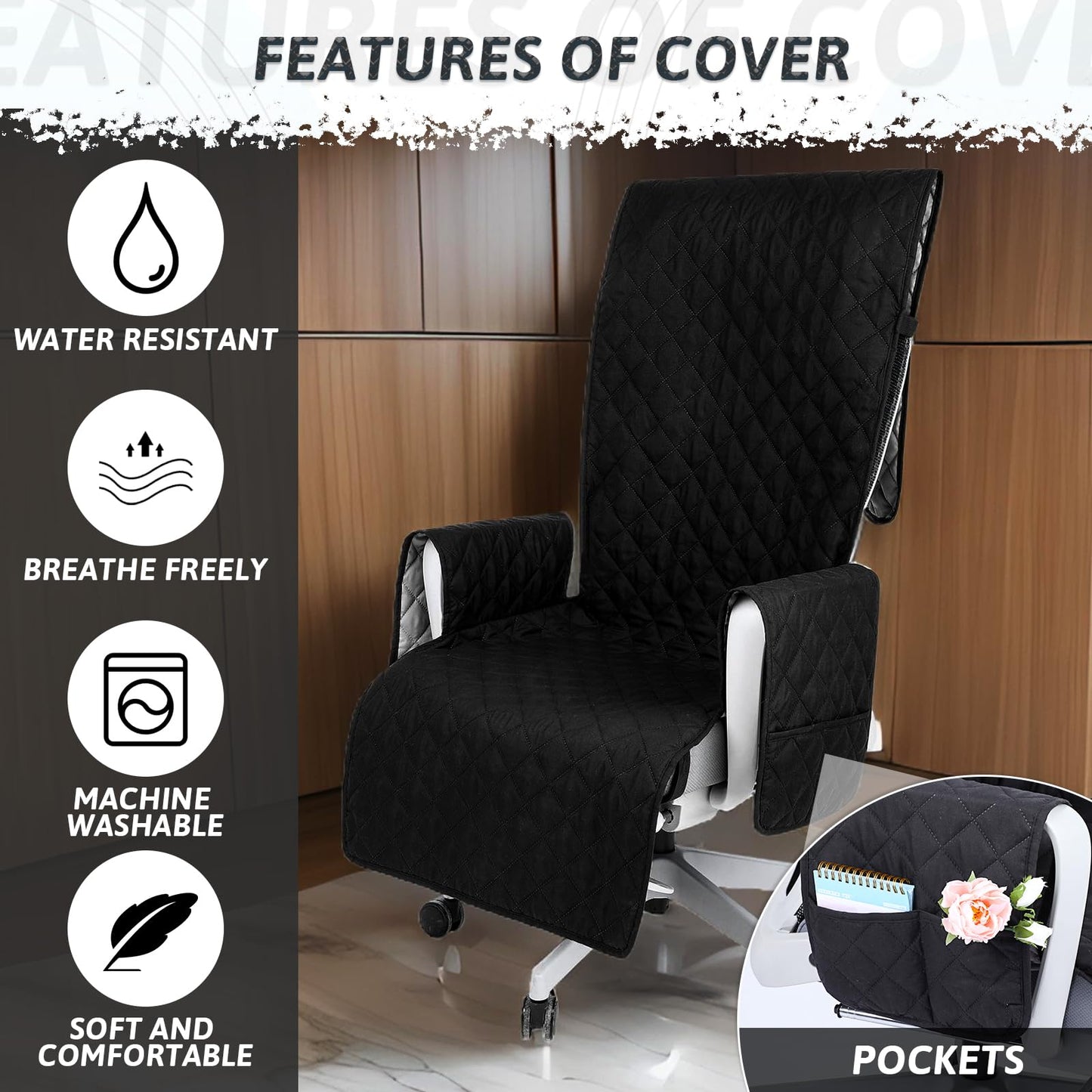 Executive Office Chair Covers with Arms Computer Large Desk Chair Cover Protector Quilted Water Resistant Executive Boss Cover Washable with Non Slip Buckle Universal Office Chairs with Arm Covers