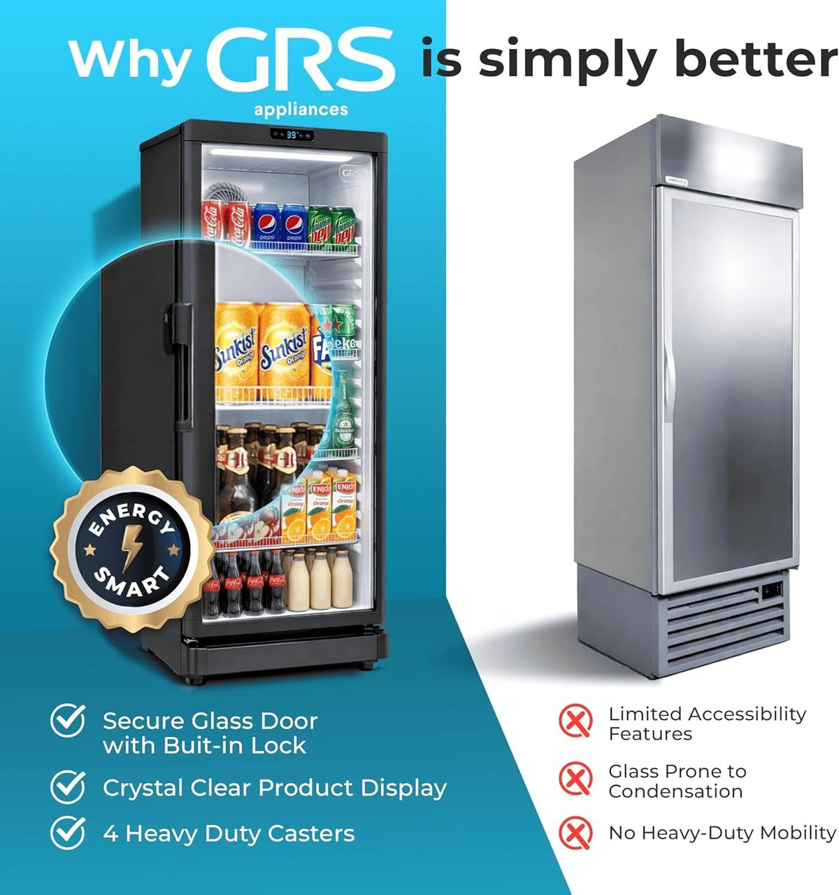 GRS Commercial Display Refrigerator with Glass Door Lock | Cool Air Flow & Temperature | Beverage Cooler, Drink and Wine Fridge with Adjustable Display Shelf for Stores and Bars | Black, 6.0 Cu. Ft
