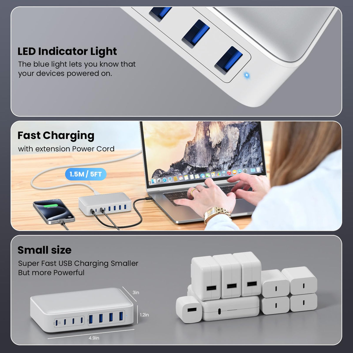 USB C Charger 200W USB C Charger Block,Upgraded GaN III 8-Port Fast Charging Station Hub,PD 65W Laptop Charging Adapter Compatible with MacBook Pro/Air,DELL,Steam Deck,iPhone 16/15/14,Galaxy S23/22