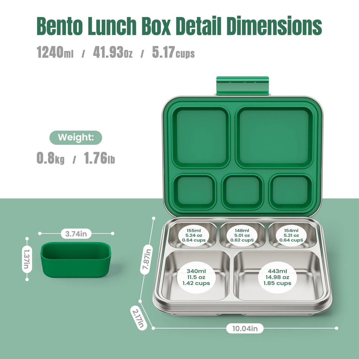 Zeekala Stainless Steel Bento Lunch Box for Kids & Adults, 5 Compartment Metal Portable Bento Box with Silicone Food Container and Removable Silicone Seal,BPA-Free,School,Office(Green)